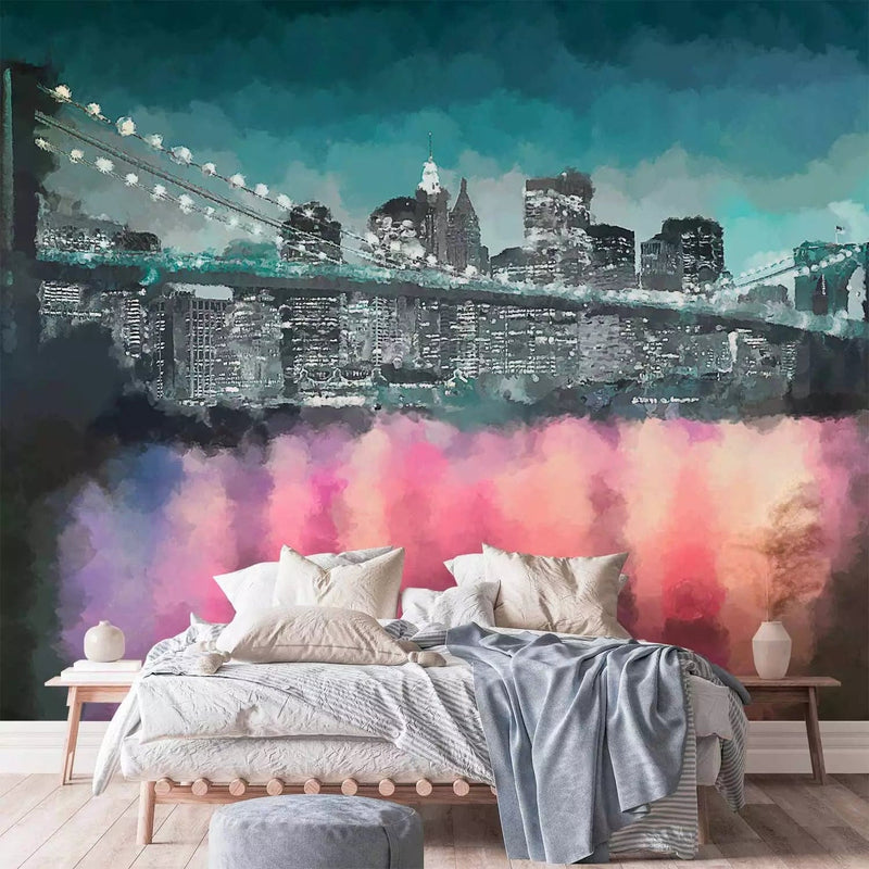 Wall Murals - painted New York - Night Architecture on the Background of Bridge G -Art