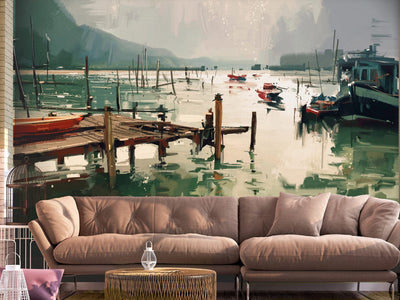 Fototapetes - Glezniecības skice, rīts, ainava ar laivu un kalniem fonā, 150574 G-ART