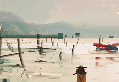 Fototapetes - Glezniecības skice, rīts, ainava ar laivu un kalniem fonā, 150574 G-ART