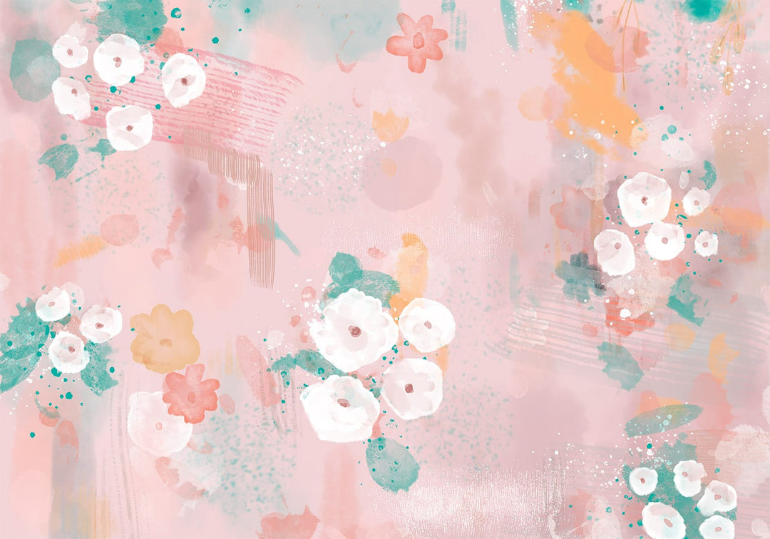 Fototapetes - Gleznoti ziedi – abstraktā kompozīcija uz roza fona G-ART