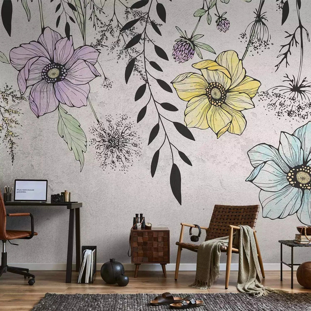 Fototapetes - Grafiskā pļava – ziedu motīvs lineart stilā uz pelēka fona G-ART