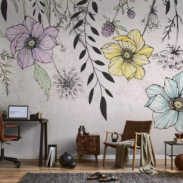 Fototapetes - Grafiskā pļava – ziedu motīvs lineart stilā uz pelēka fona G-ART