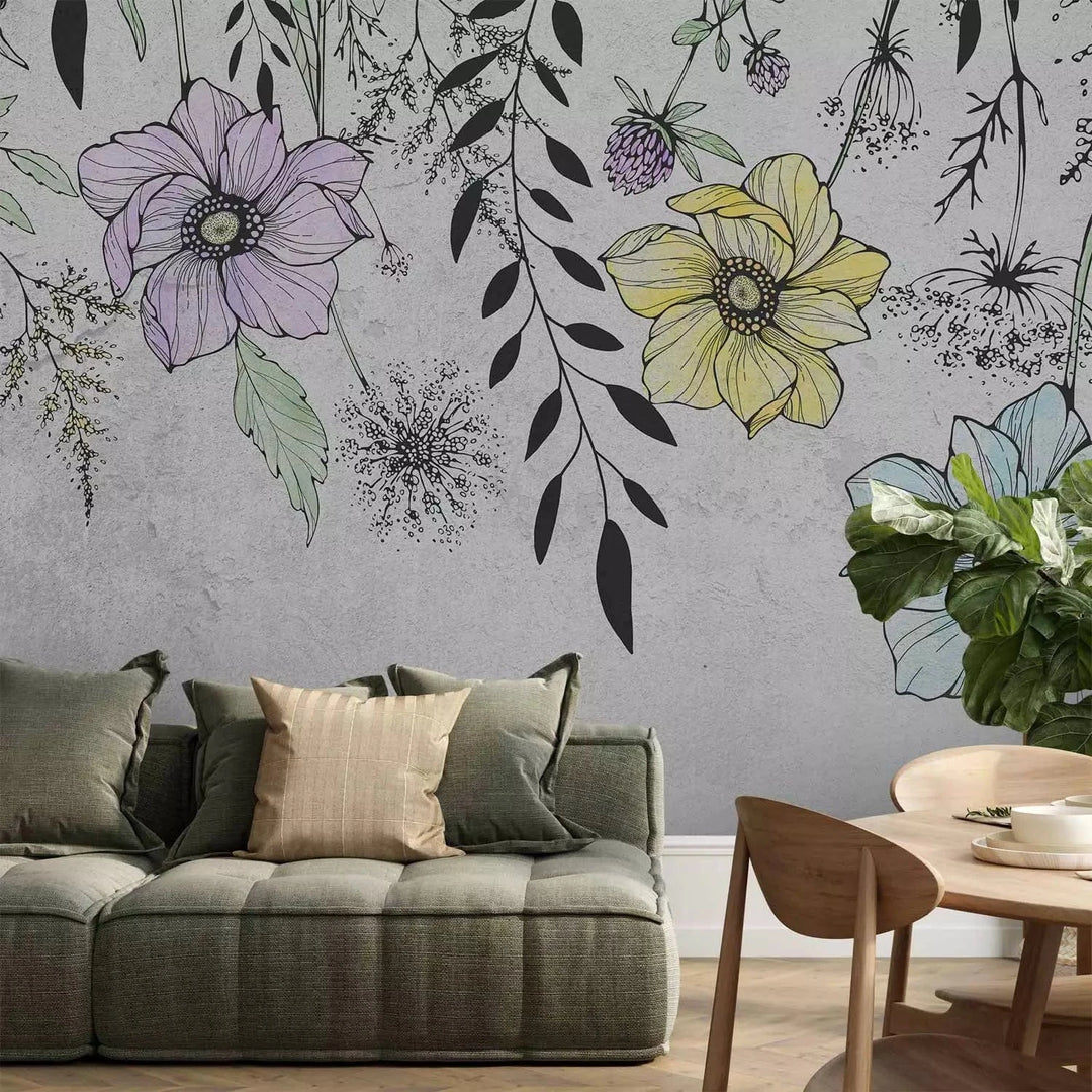 Fototapetes - Grafiskā pļava – ziedu motīvs lineart stilā uz pelēka fona G-ART