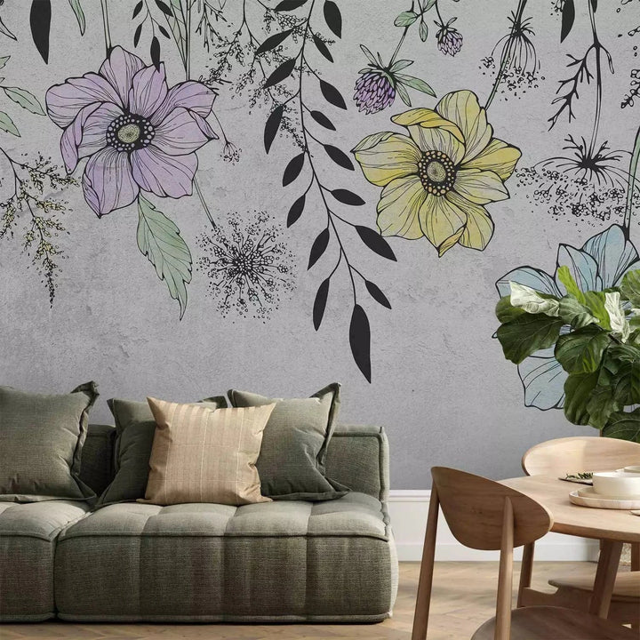 Fototapetes - Grafiskā pļava – ziedu motīvs lineart stilā uz pelēka fona G-ART