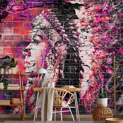 Wall Murals - graffiti with a woman's profile in pink and purple tones G-ART