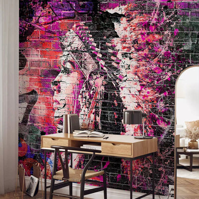 Wall Murals - graffiti with a woman's profile in pink and purple tones G-ART