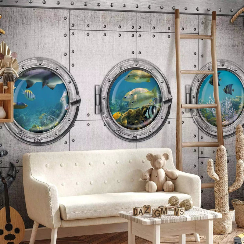Valokuvatapetti lastenhuoneeseen - Ikkunoiden illuusio hopeisessa sukellusveneessä, 61257G-ART