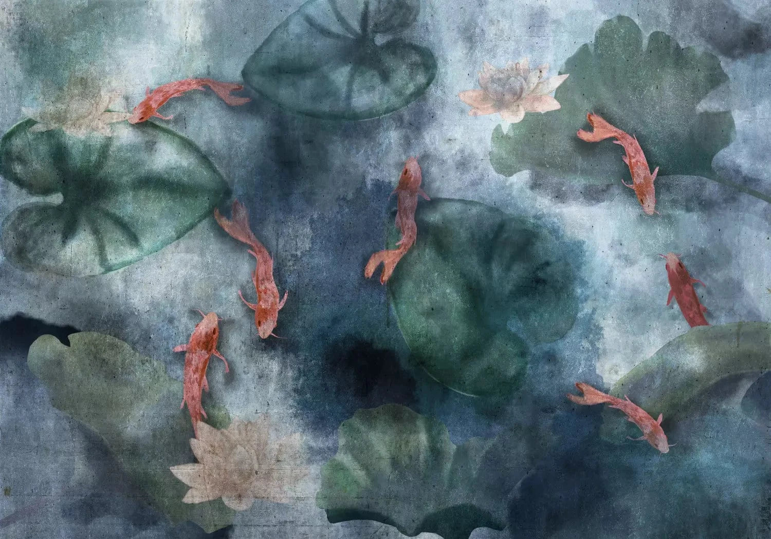 Fototapetes - japāņu kompozīcija ar zivīm - zila, zaļa, roza G-ART