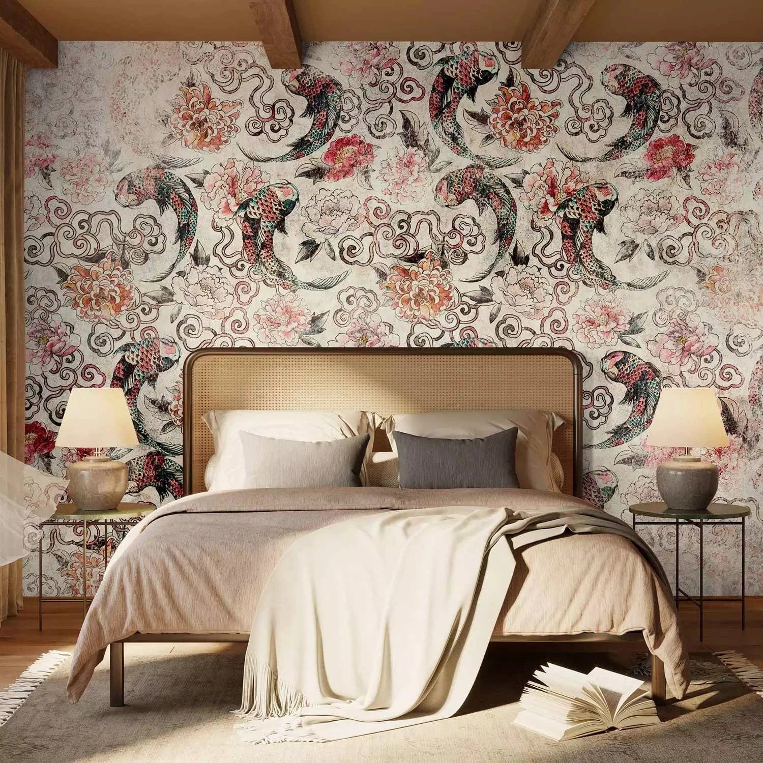 Fototapetes - Japāņu motīvs ar zivīm un ornamentiem - interjeram G-ART