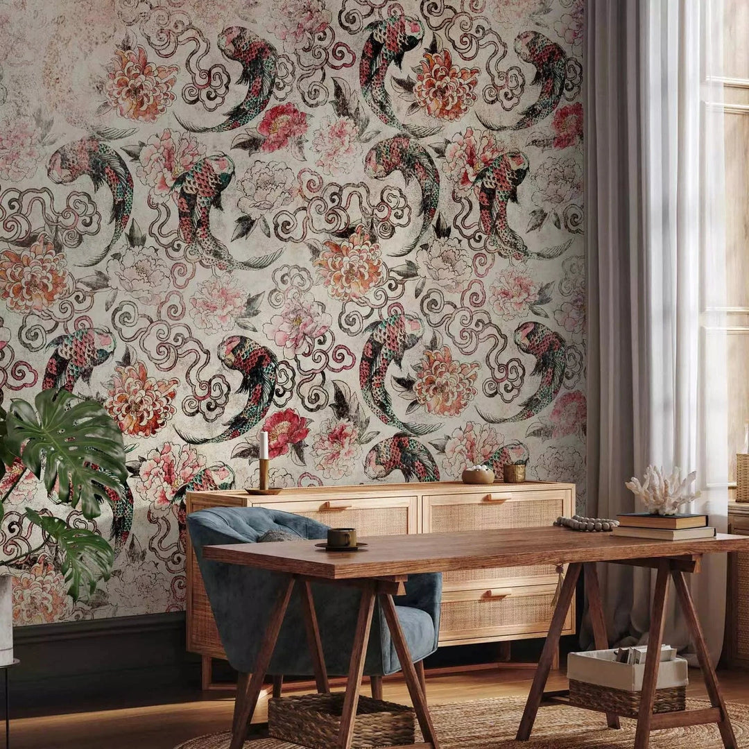 Fototapetes - Japāņu motīvs ar zivīm un ornamentiem - interjeram G-ART