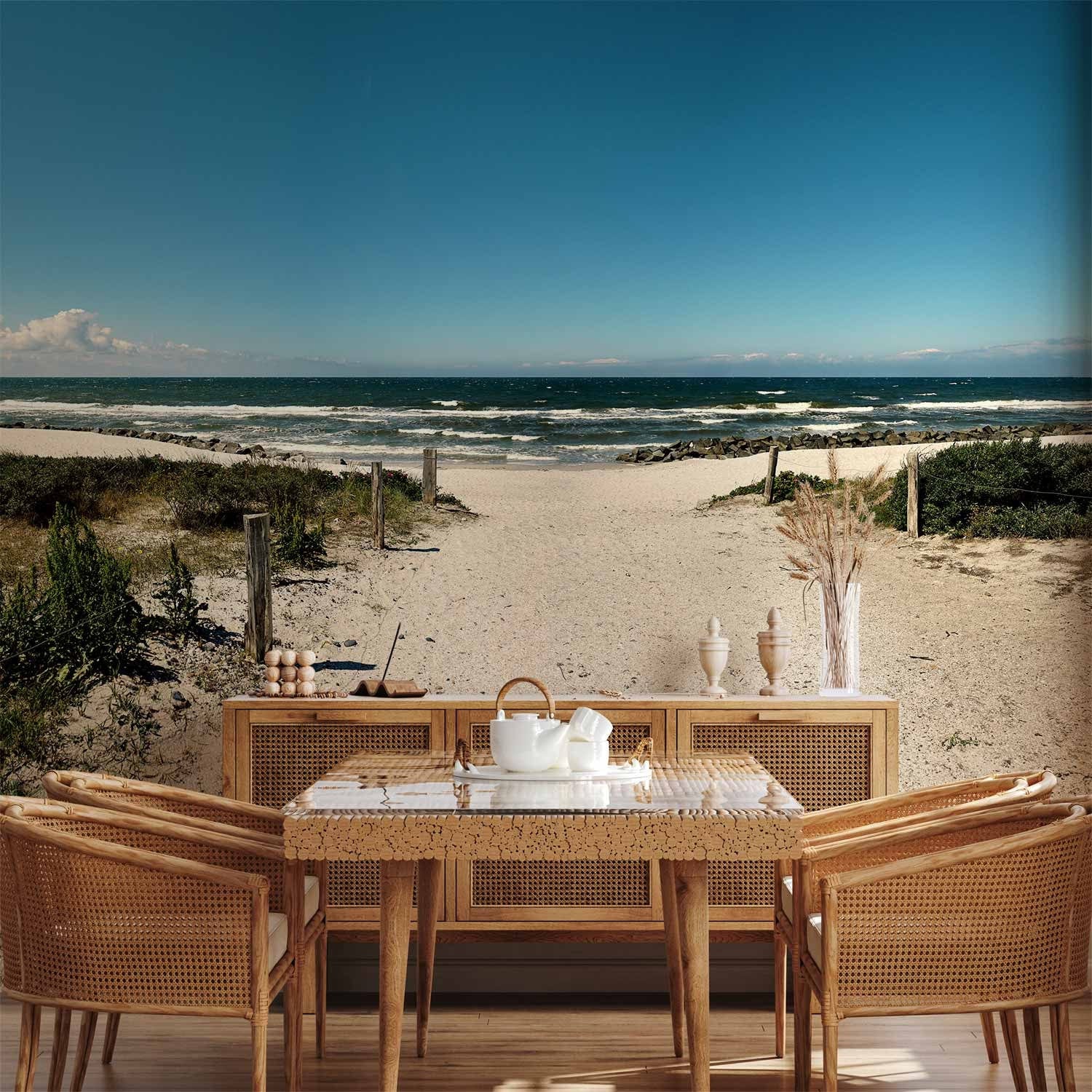 Fototapetes - ainava ar smilšainu pludmali, ko ieskauj jūras viļņi G-ART