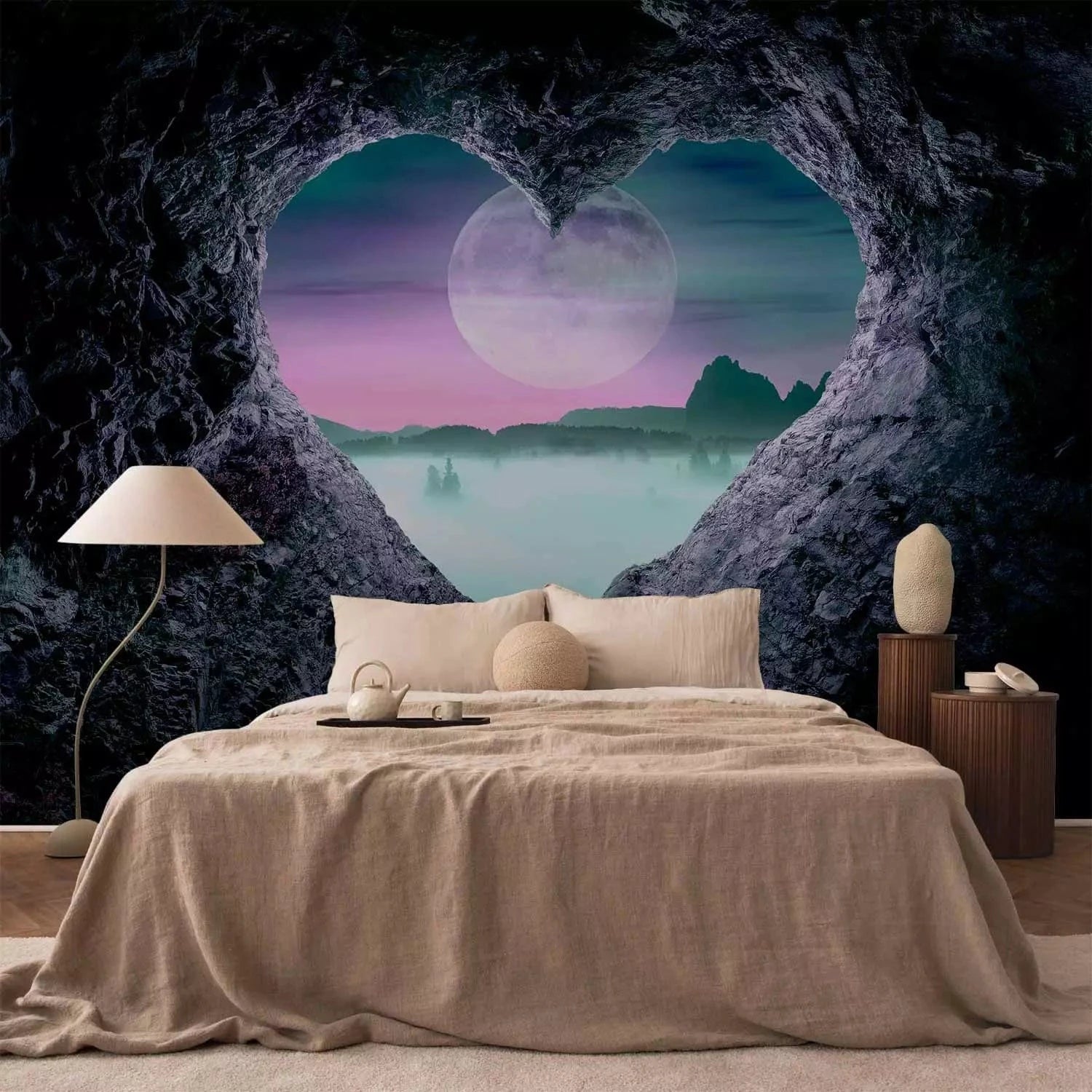 Fototapetes - kalnu ainava ar pilnu mēnesi un sirds motīvu G-ART