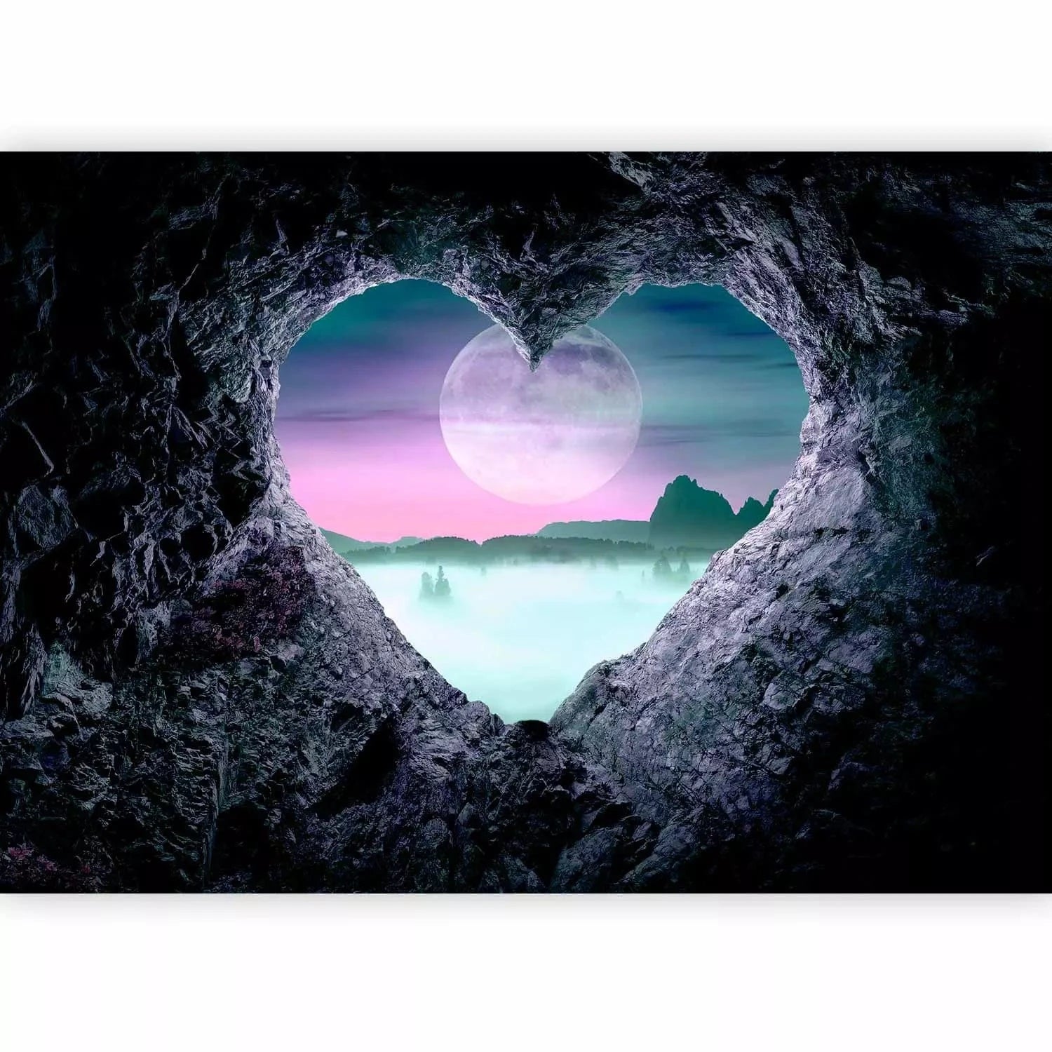 Fototapetes - kalnu ainava ar pilnu mēnesi un sirds motīvu G-ART