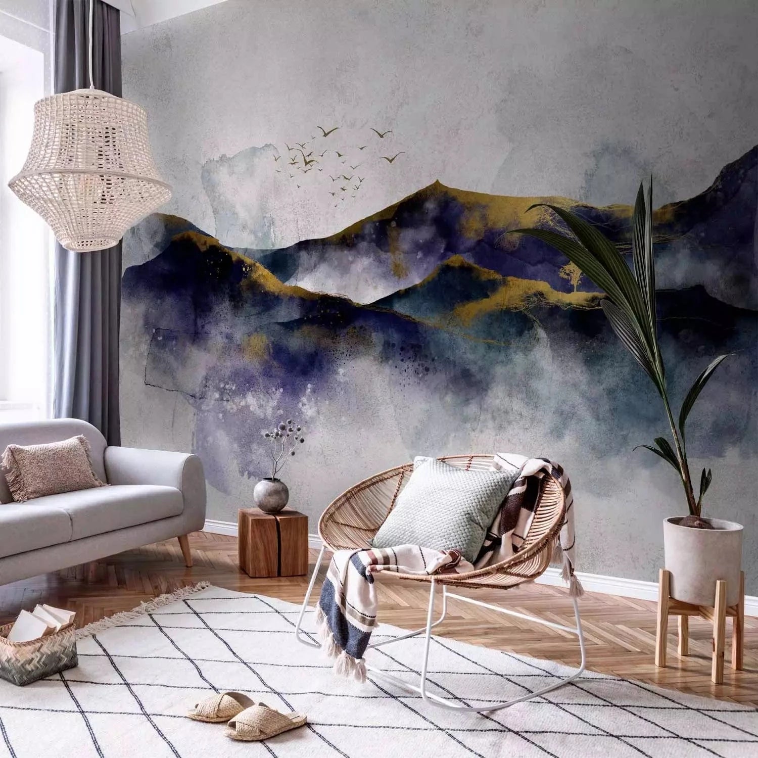 Fototapetes - kalnu ainava mākoņos ar zelta rakstu un putniem - 136032 G-ART