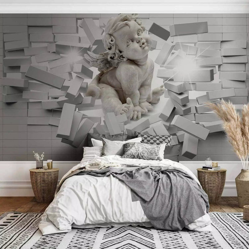 Wall Murals with a cherub breaking through a brick wall, 64516G-ART