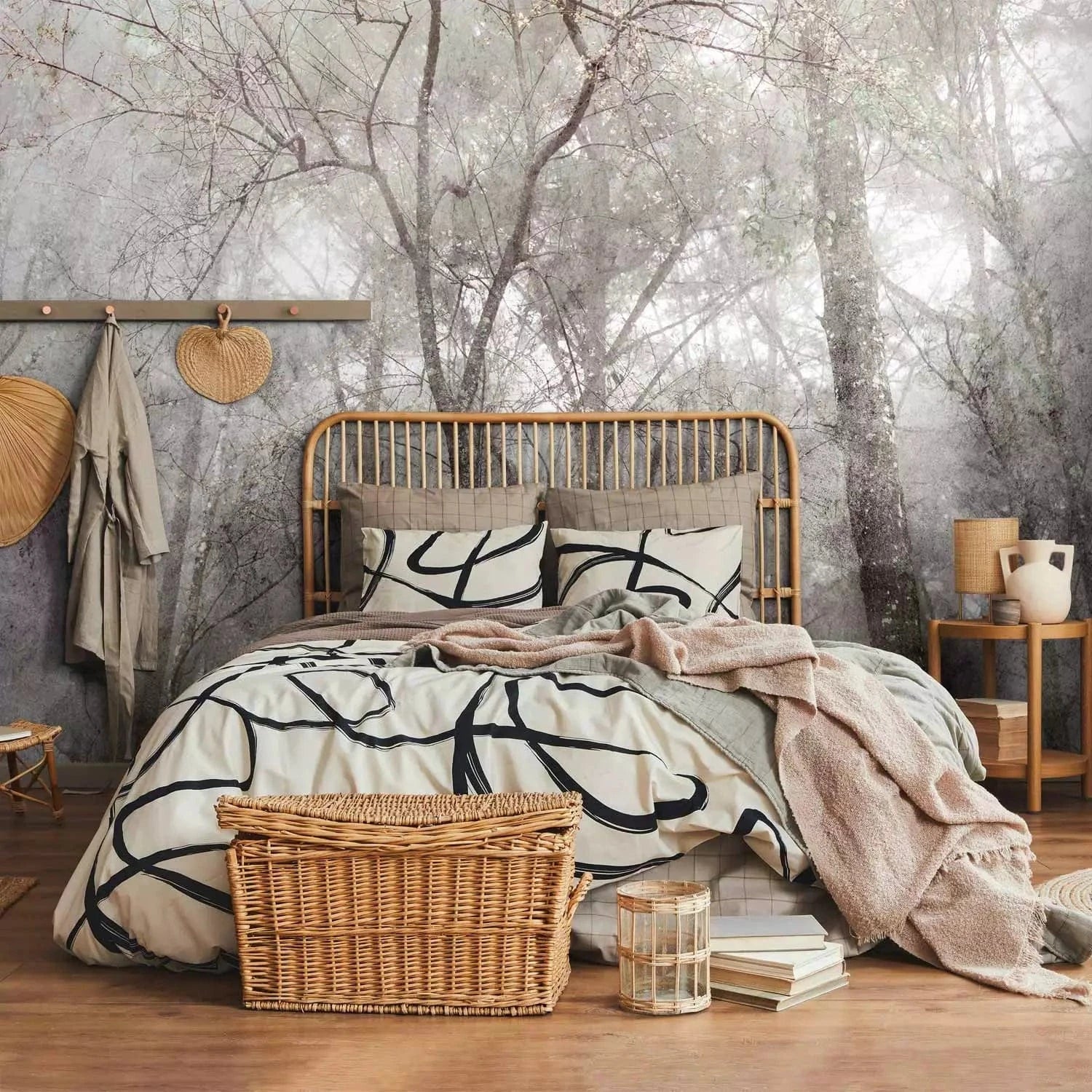 Fototapetes - Koku kronas - pelēka meža ainava ar kokiem vintage stilā G-ART