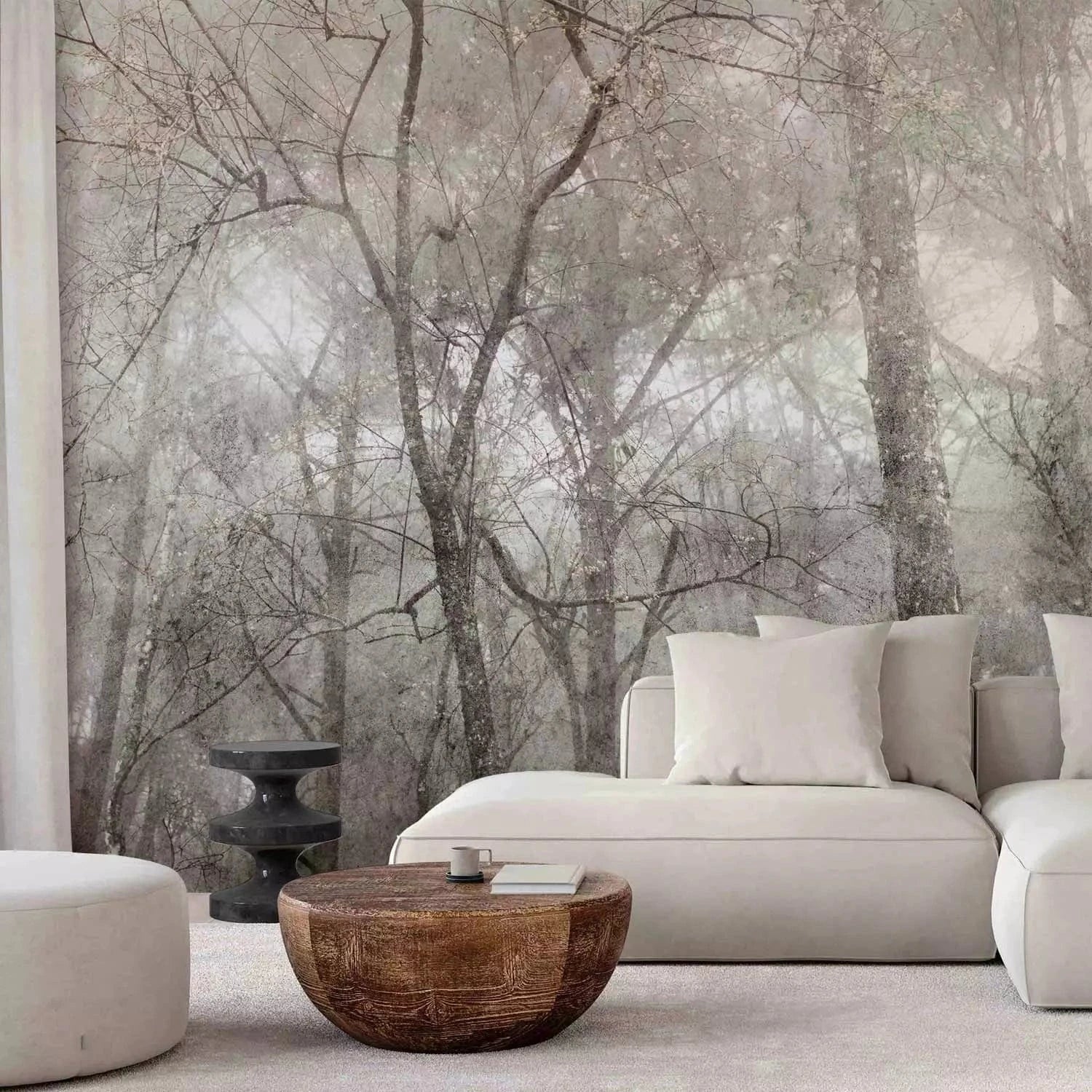 Fototapetes - Koku kronas - pelēka meža ainava ar kokiem vintage stilā G-ART