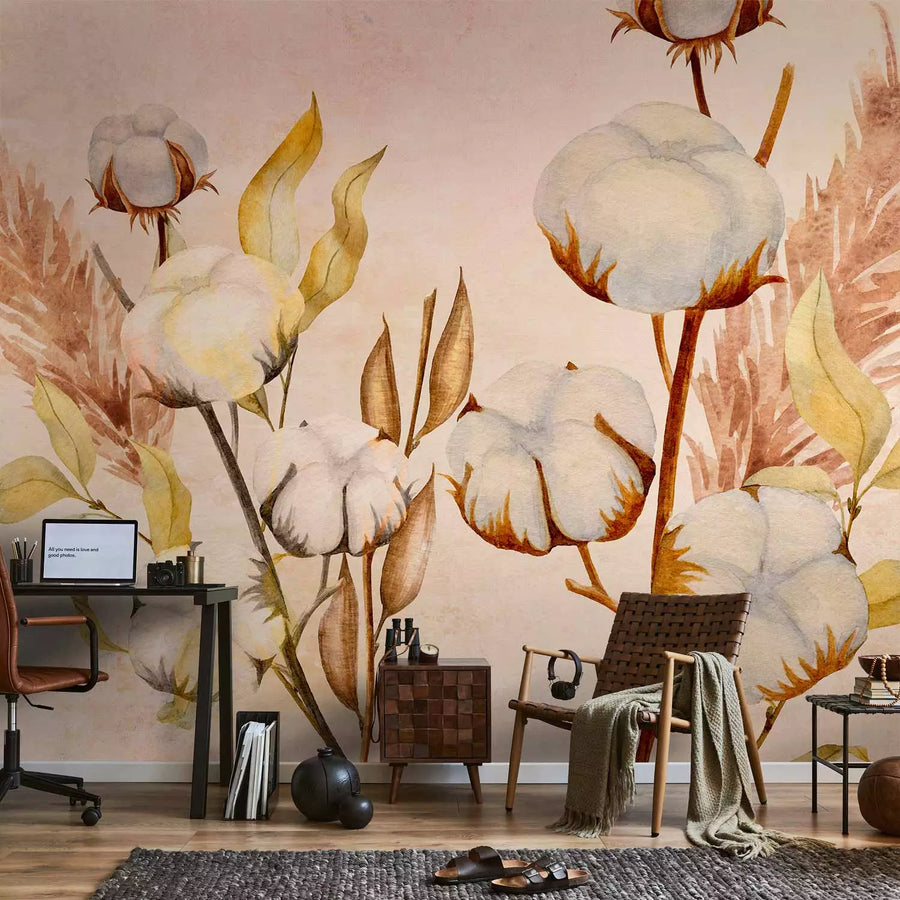 Fototapetes - Kokvilnas ziedi, zariņi un lapas bēšā tonī - 143839 G-ART