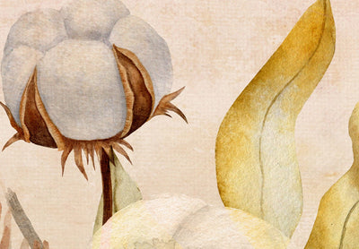 Fototapetes - Kokvilnas ziedi, zariņi un lapas bēšā tonī, 143839 G-ART