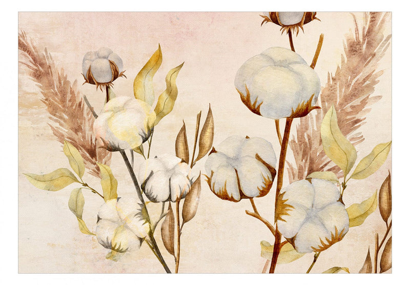 Fototapetes - Kokvilnas ziedi, zariņi un lapas bēšā tonī, 143839 G-ART