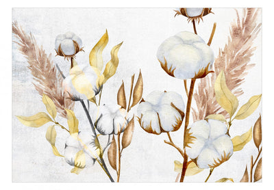 Fototapetes - Kokvilnas ziedi, zariņi un lapas uz gaiši pelēka fona, 143843 G-ART