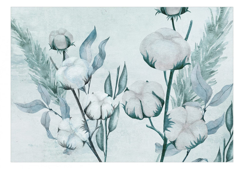Fototapetes - Kokvilnas ziedi, zariņi un lapas zilos toņos, 143844 G-ART