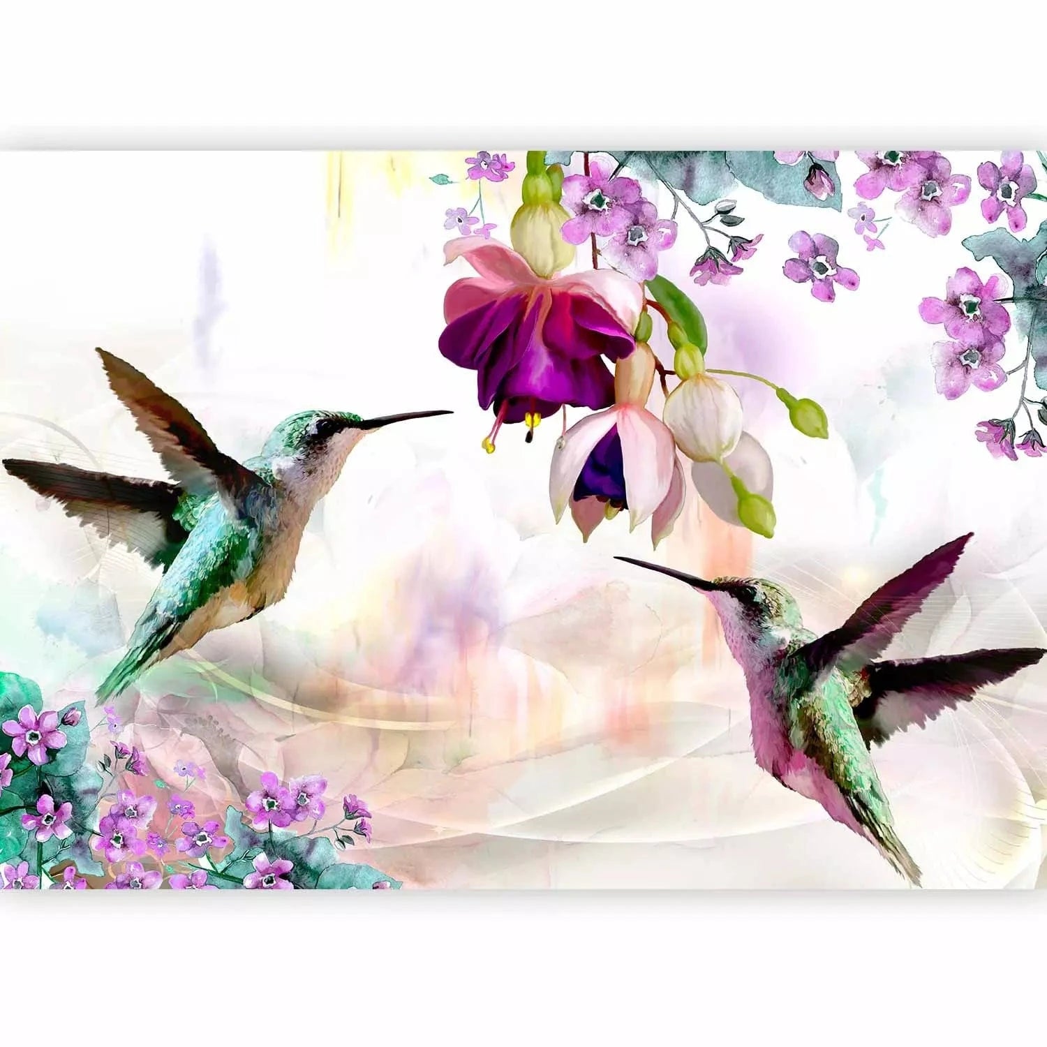 Fototapetes - Kolibri uz krāsainu ziedu fona violetos un rozā toņos G-ART