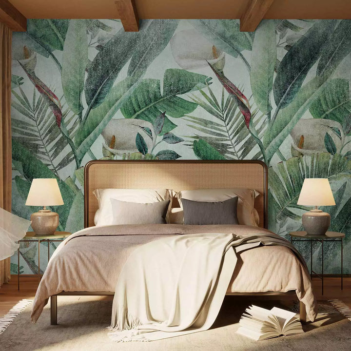 Fototapetes - Kompozīcija ar džungļu lapām un ziediem zaļā krāsā G-ART