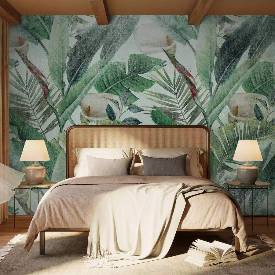 Fototapetes - Kompozīcija ar džungļu lapām un ziediem zaļā krāsā G-ART