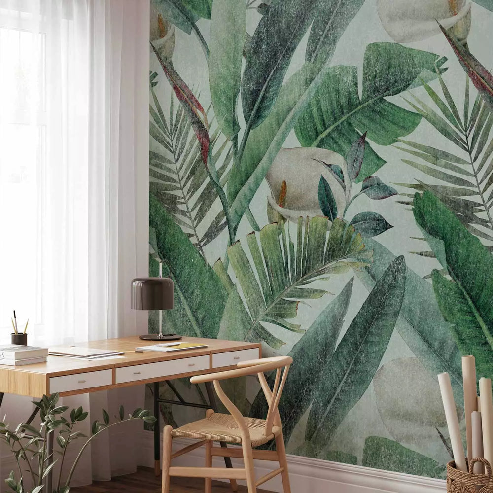 Fototapetes - Kompozīcija ar džungļu lapām un ziediem zaļā krāsā G-ART