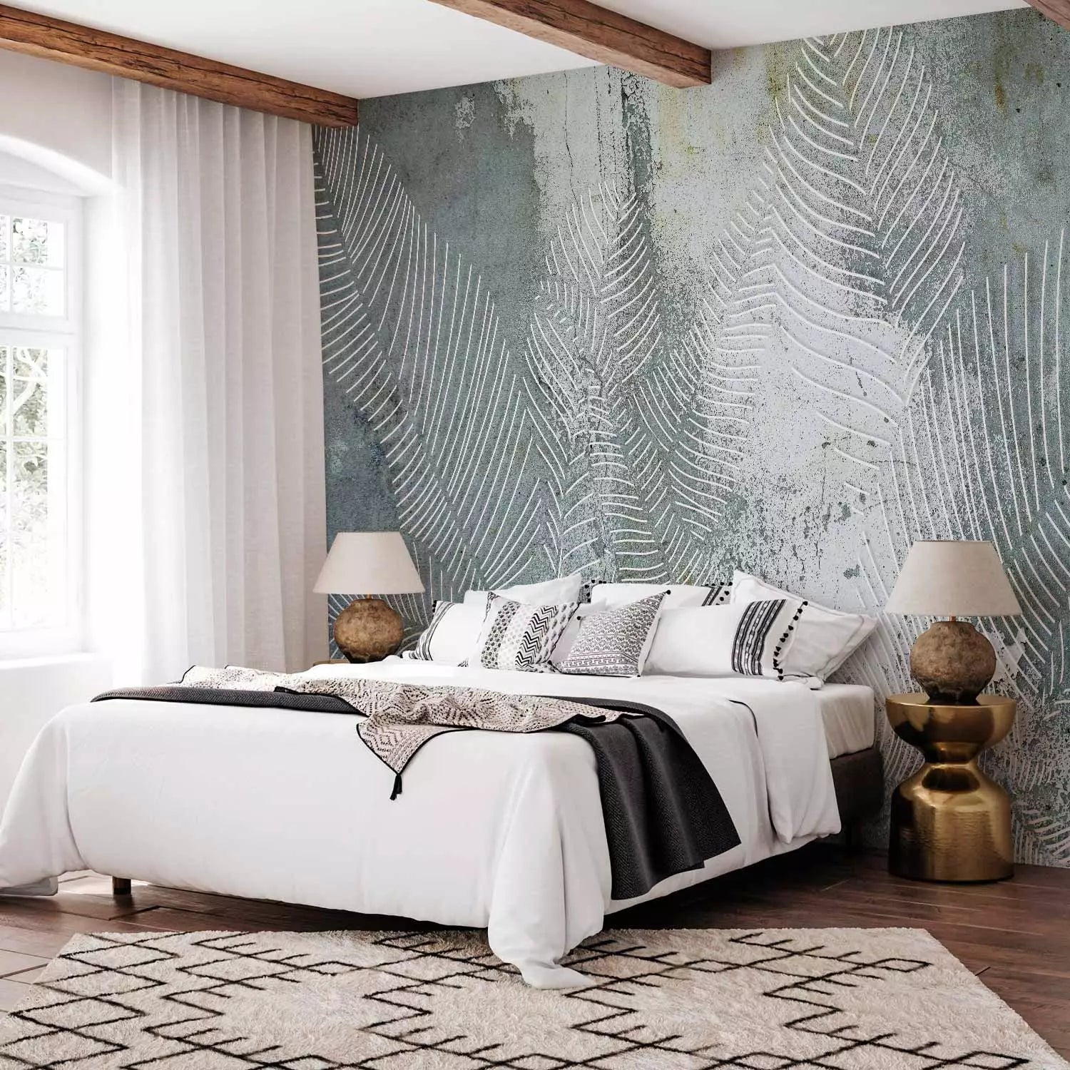 Fototapetes - kompozīcija ar tropiskām lapām zaļgani pelēkā krāsā - 136328 G-ART