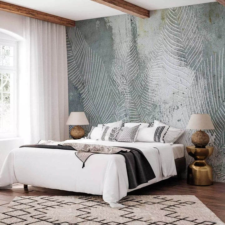 Fototapetes - kompozīcija ar tropiskām lapām zaļgani pelēkā krāsā - 136328 G-ART