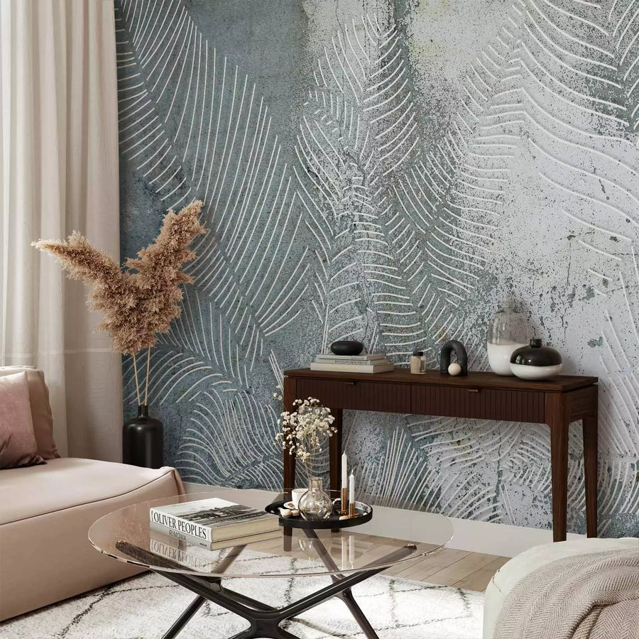 Fototapetes - kompozīcija ar tropiskām lapām zaļgani pelēkā krāsā - 136328 G-ART