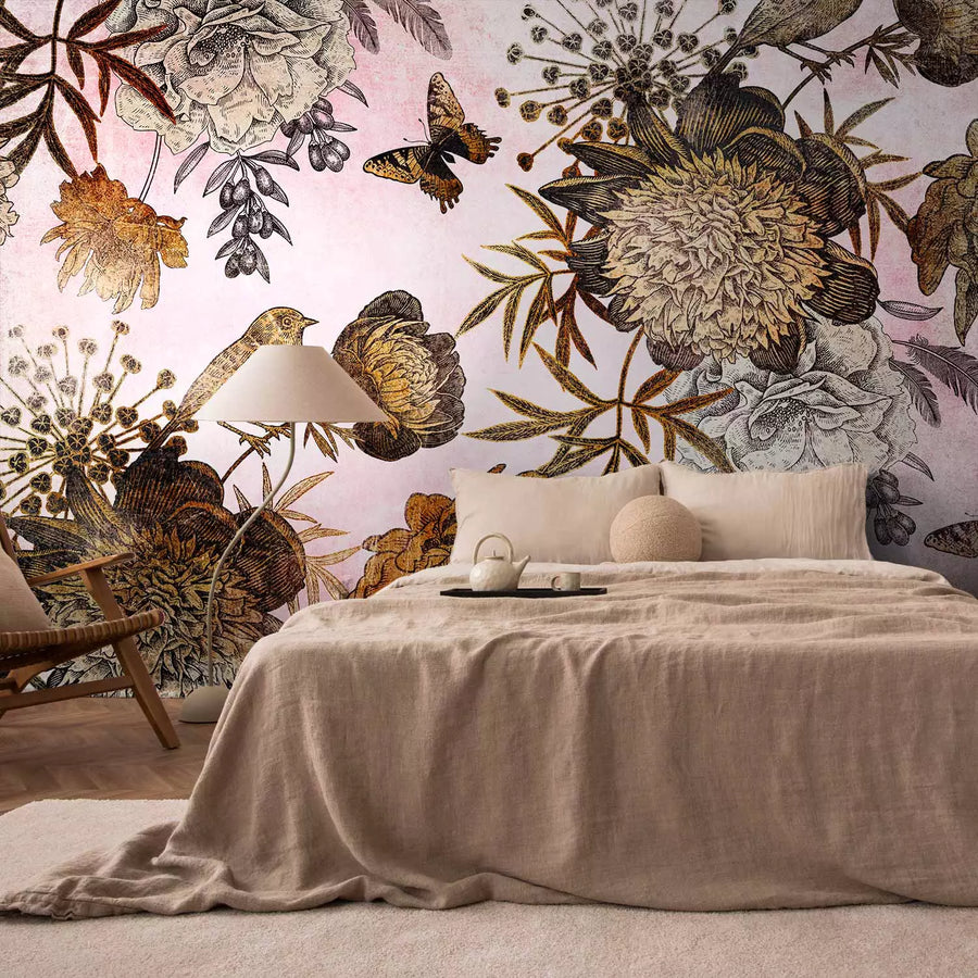 Fototapetes - Kompozīcija ar ziediem, putniem un tauriņiem uz roza fona G-ART