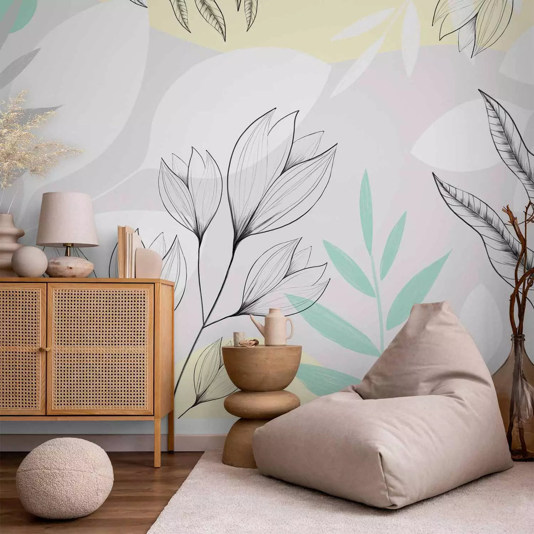 Fototapetes - Ziedie un lapas baltā un pelēkā krāsā un dzeltenā G-ART