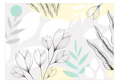 Fototapetes - Kompozīcija ar ziediem un lapām baltā un pelēkā krāsā, 138802 G-ART