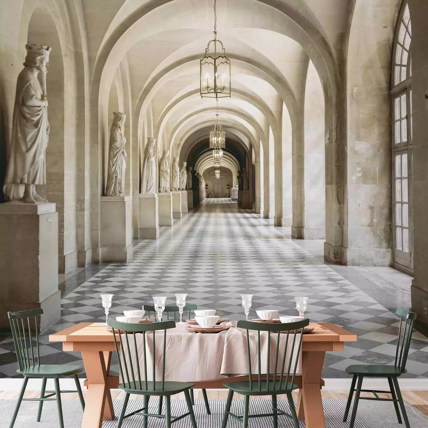 Fototapetes - koridors ar rūtainu grīdu, logiem un skulptūrām, 64517 Tapetenshop.lv