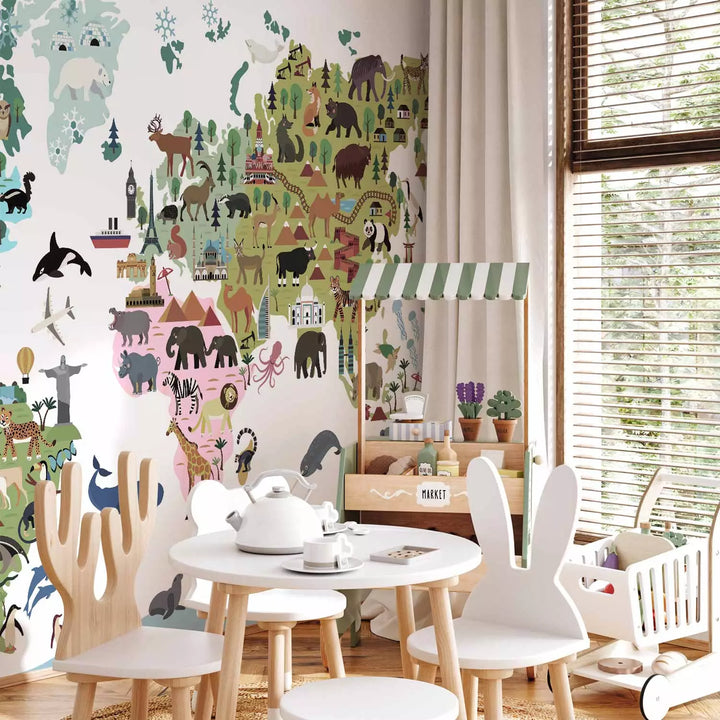 Fototapetes bērniem - Krāsaina karte bērniem, kontinenti un dzīvnieki G-ART