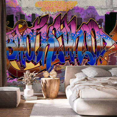  Wall Murals with graffiti inscriptions on the wall in purple, 64252g-art