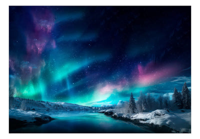 Fototapetes - Krāsainā ziemeļblāzma nakts debesīs virs meža, 151865 G-ART