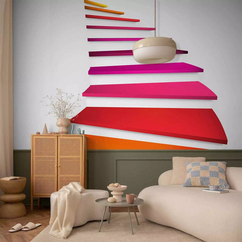 Fototapetes - abstrakcija baltā telpā ar krāsainām kāpnēm, rozā G-ART