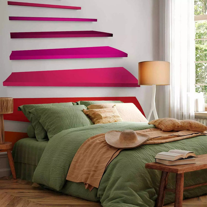 Fototapetes - abstrakcija baltā telpā ar krāsainām kāpnēm, rozā G-ART