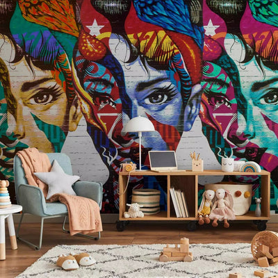 Wall Murals with women - Three colorful faces in Patchwork style G-ART