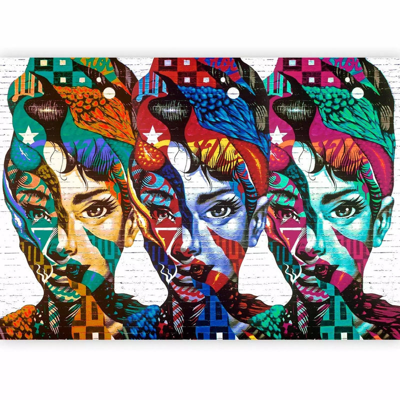 Wall Murals with women - Three colorful faces in Patchwork style G-ART