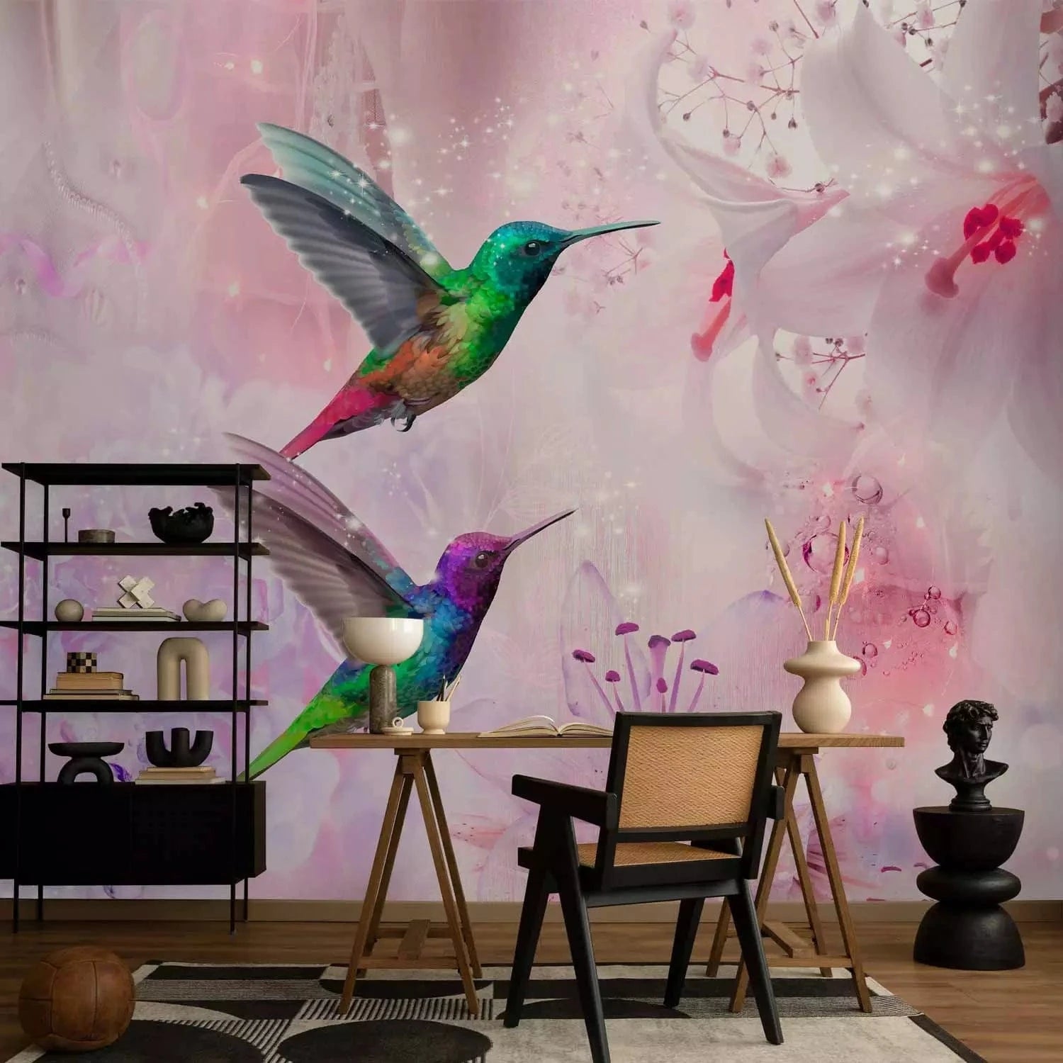 Fototapetes -  Krāsaini kolibri  - rozā kompozīcija ar lilijām G-ART