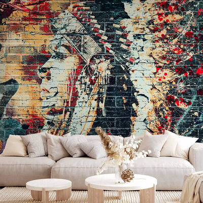 Wall Murals - colorful graffiti with a woman's profile on a brick background G-ART