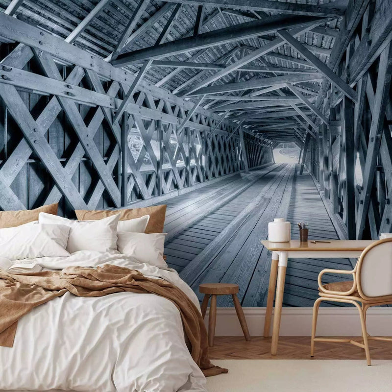 Wall Murals - Large wooden gray bridge tunnel over the river, 64522, buy g-art