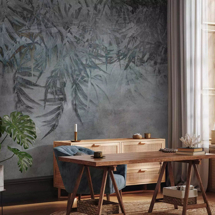 Fototapetes viesistabai - Lapas pelēkos toņos, zilgani pelēkā krāsā G-ART