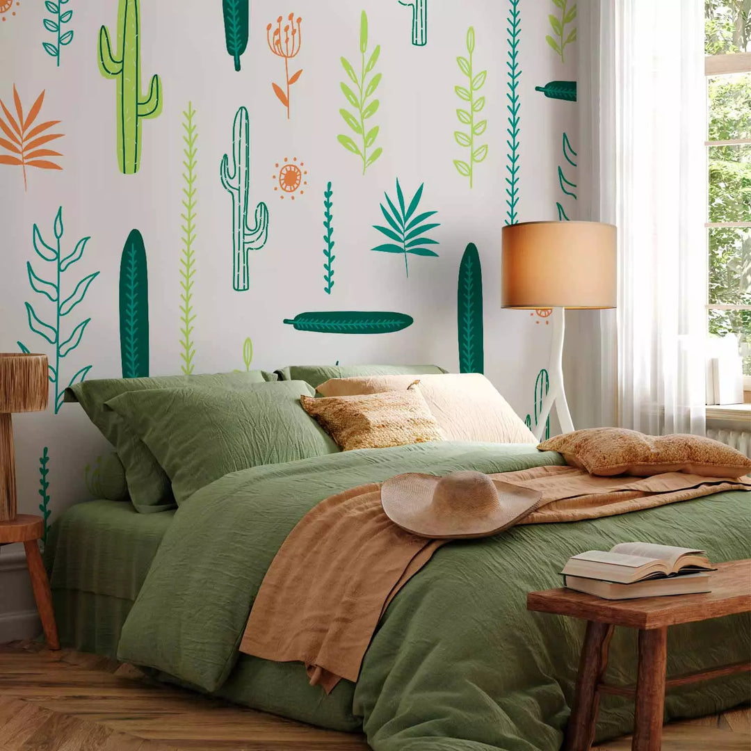 Fototapetes - Lapas un kaktusi uz balta fona - 143816 G-ART