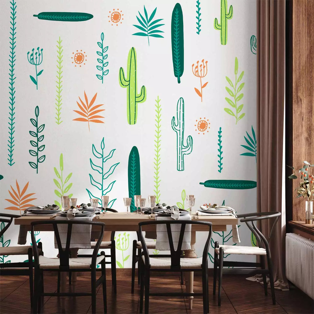 Fototapetes - Lapas un kaktusi uz balta fona - 143816 G-ART